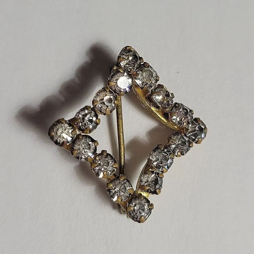 Early Rhinestone Square Pin Clear Rhinestones Gold Tone Metal